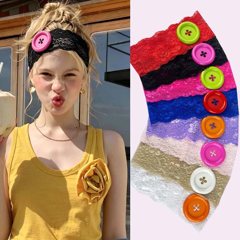 Travel Yoga Accessories - ヴィンテージレースビッグボタンヘッドバンド弾性ワイドヘアバンド女性女の子用 Y2K 日本ヨガ旅行や毎日のヘアスタイリングアクセサリー