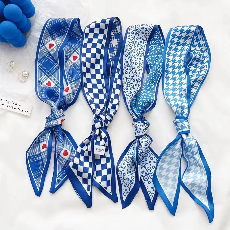 Travel Accessories Neck - クラインブルーのシルクスカーフ、新しいチェッカーボード柄ヘッドバンド（女性用）、ヴィンテージボヘミアンシルクスカーフ、ネックヘッドデイリートラベルギフト、トレンディ